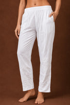 Tazaki White Cotton Lycra Embroidered Cigarette Pants for Women
