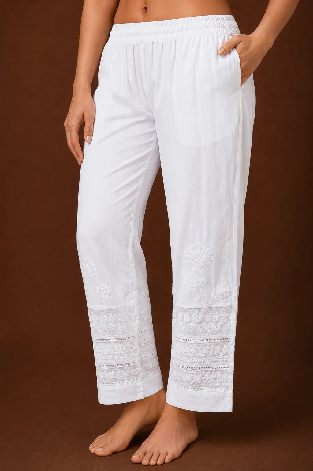 Tazaki White Cotton Lycra Embroidered Cigarette Pants for Women