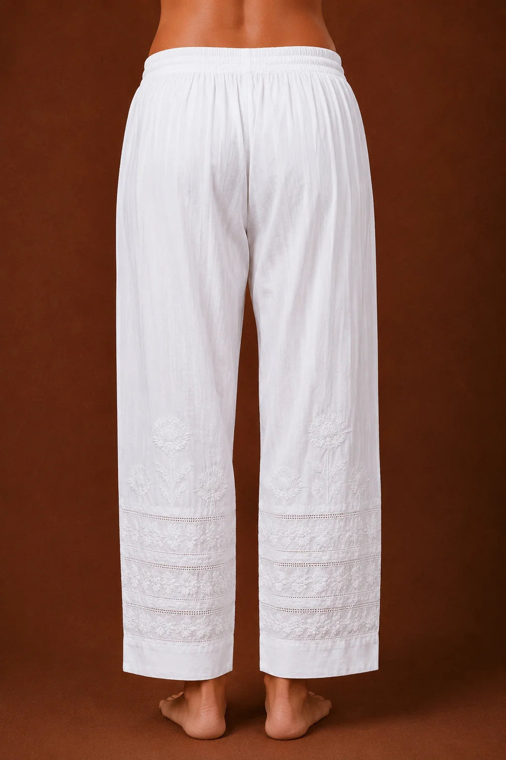 Tazaki White Cotton Lycra Embroidered Cigarette Pants for Women