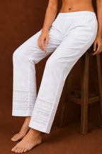 Tazaki White Cotton Lycra Embroidered Cigarette Pants for Women