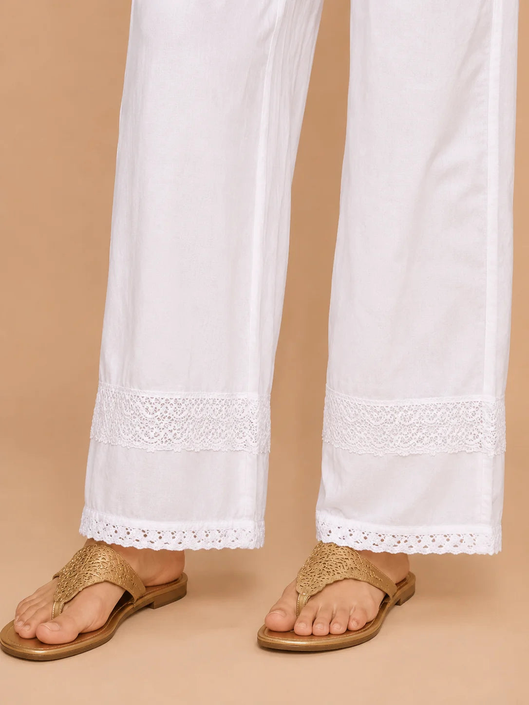Tazaki White Modal Lace Palazzo Pants for Women | Premium Ethnic Bottom Wear