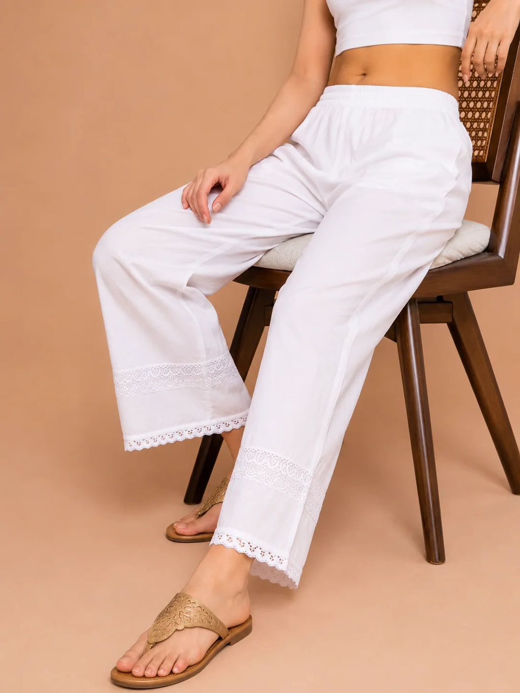 Tazaki White Modal Lace Palazzo Pants for Women | Premium Ethnic Bottom Wear