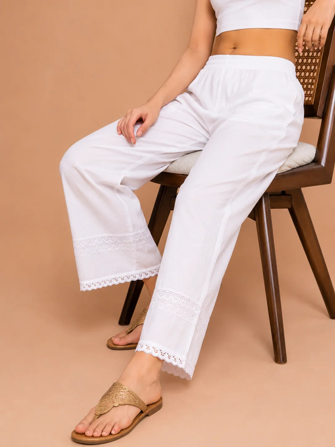 Tazaki White Modal Lace Palazzo Pants for Women | Premium Ethnic Bottom Wear