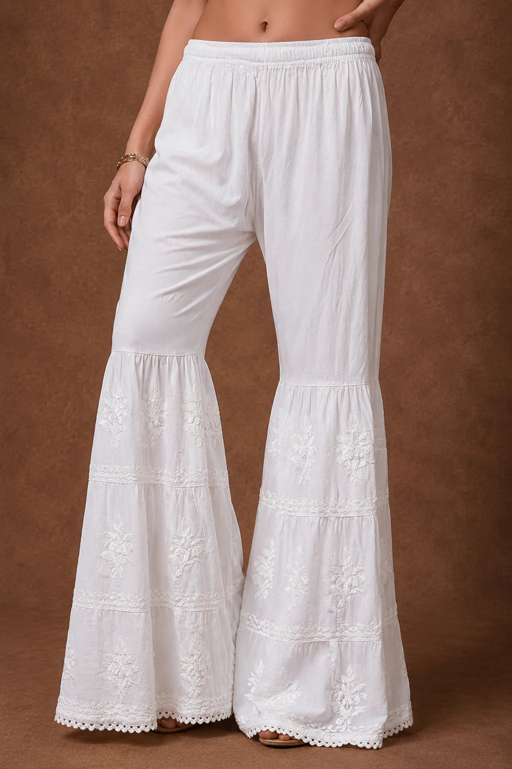 Tazaki Fashion White Modal Chikankari Sharara Pants for Women | Handcrafted Embroidered Ethnic Bottom Wear