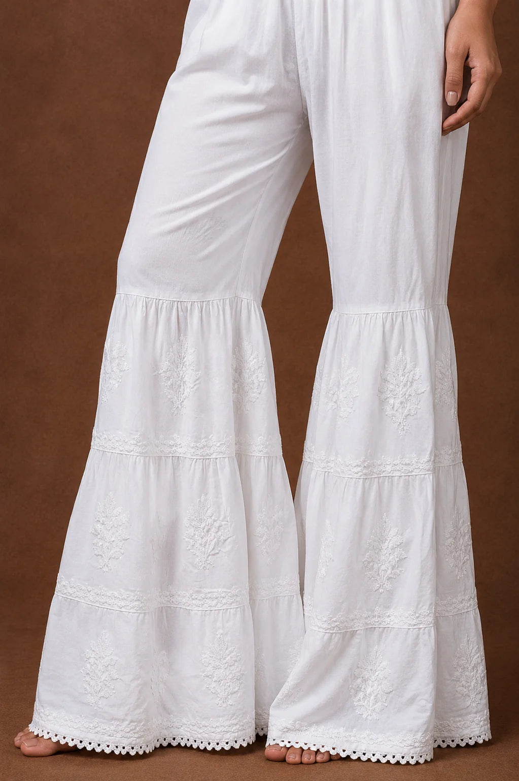 Tazaki Fashion White Modal Chikankari Sharara Pants for Women | Handcrafted Embroidered Ethnic Bottom Wear