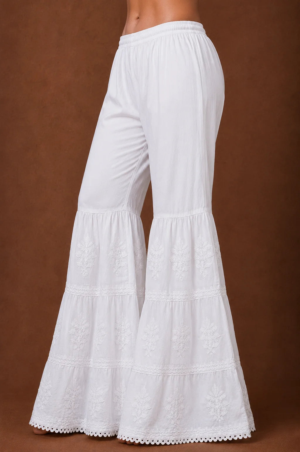 Tazaki Fashion White Modal Chikankari Sharara Pants for Women | Handcrafted Embroidered Ethnic Bottom Wear
