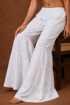 Tazaki Fashion White Modal Chikankari Sharara Pants for Women | Handcrafted Embroidered Ethnic Bottom Wear