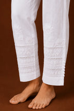 Tazaki White Cotton Lycra Embroidered Cigarette Pants for Women