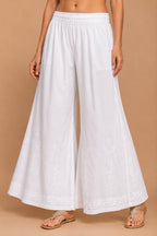 Tazaki White Embroidered Cotton Palazzo for Women | Premium Flared Ethnic Bottom Wear