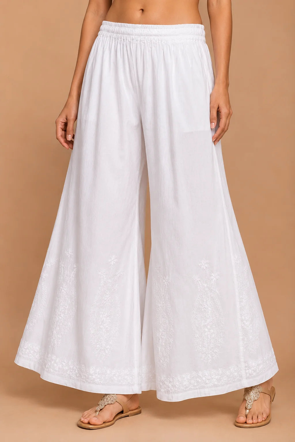 Tazaki White Embroidered Cotton Palazzo for Women | Premium Flared Ethnic Bottom Wear