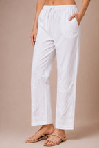 Tazaki White Cotton Lycra Embroidered Straight Pants for Women | Premium Ethnic Bottom Wear