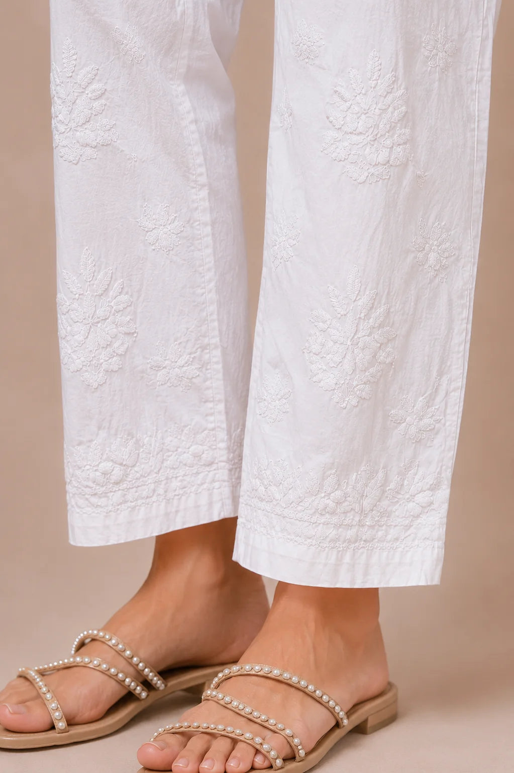 Tazaki White Cotton Lycra Embroidered Straight Pants for Women | Premium Ethnic Bottom Wear