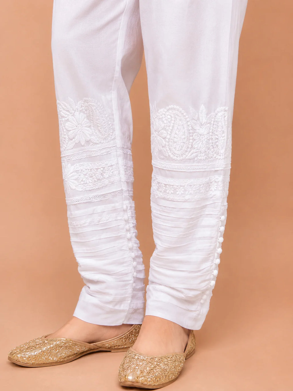 Tazaki White Handcrafted Chikankari Lycra Pant for Women | Premium Ethnic Bottom Wear