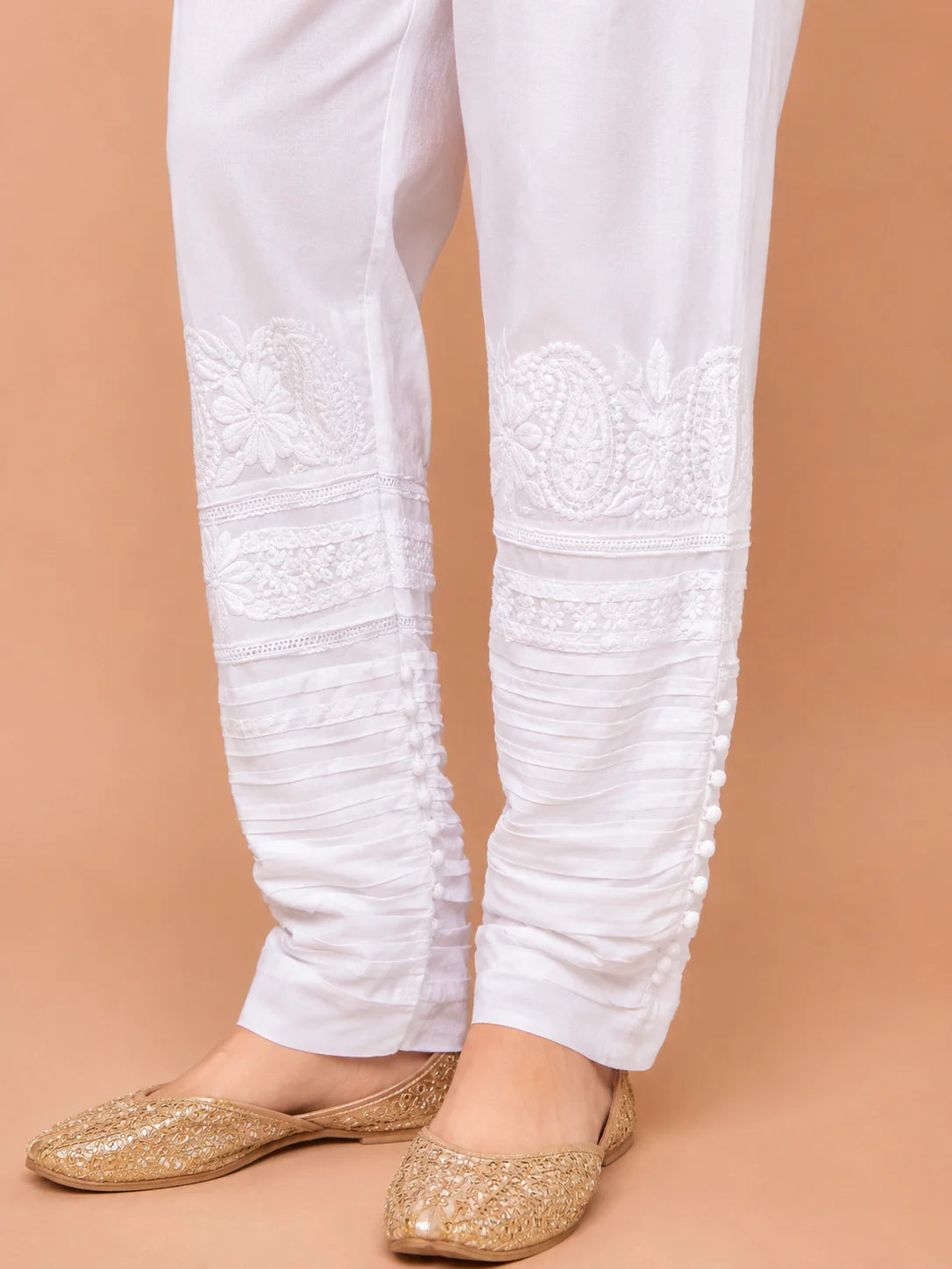 Tazaki White Handcrafted Chikankari Lycra Pant for Women | Premium Ethnic Bottom Wear