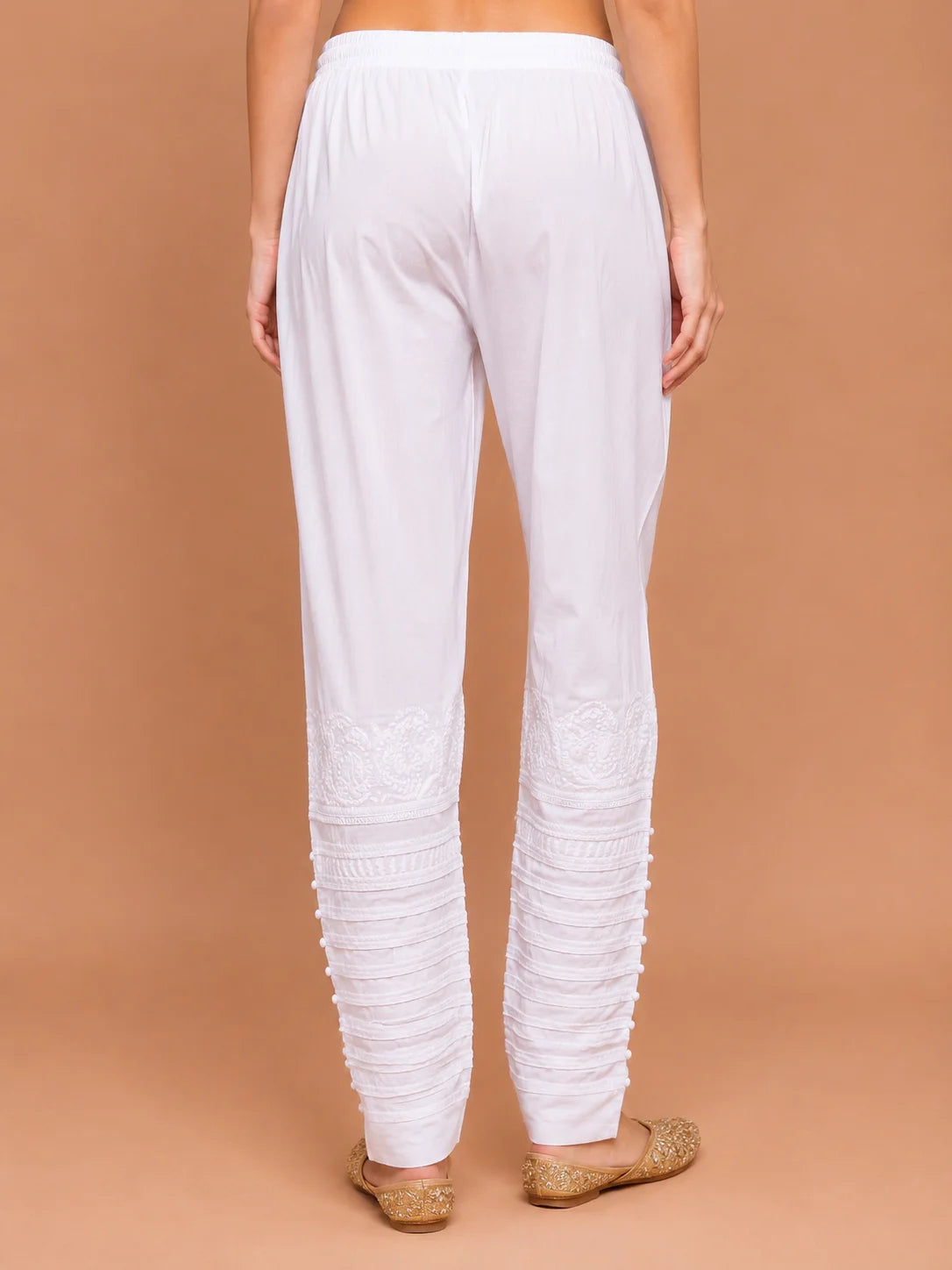 Tazaki White Handcrafted Chikankari Lycra Pant for Women | Premium Ethnic Bottom Wear