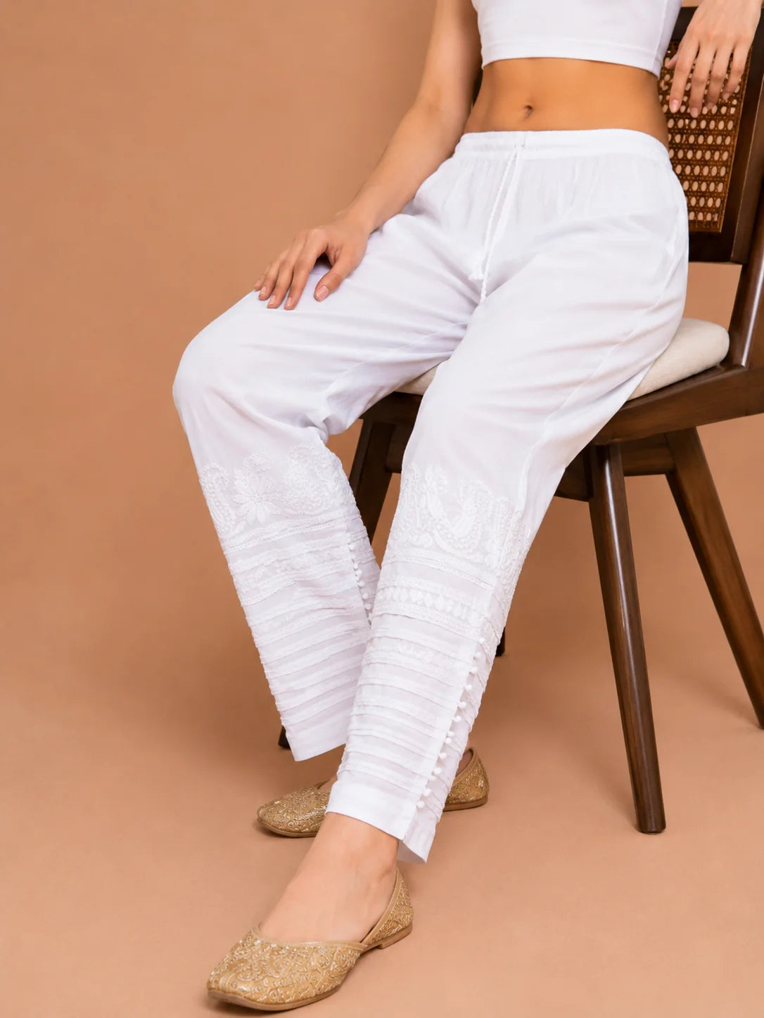 Tazaki White Handcrafted Chikankari Lycra Pant for Women | Premium Ethnic Bottom Wear