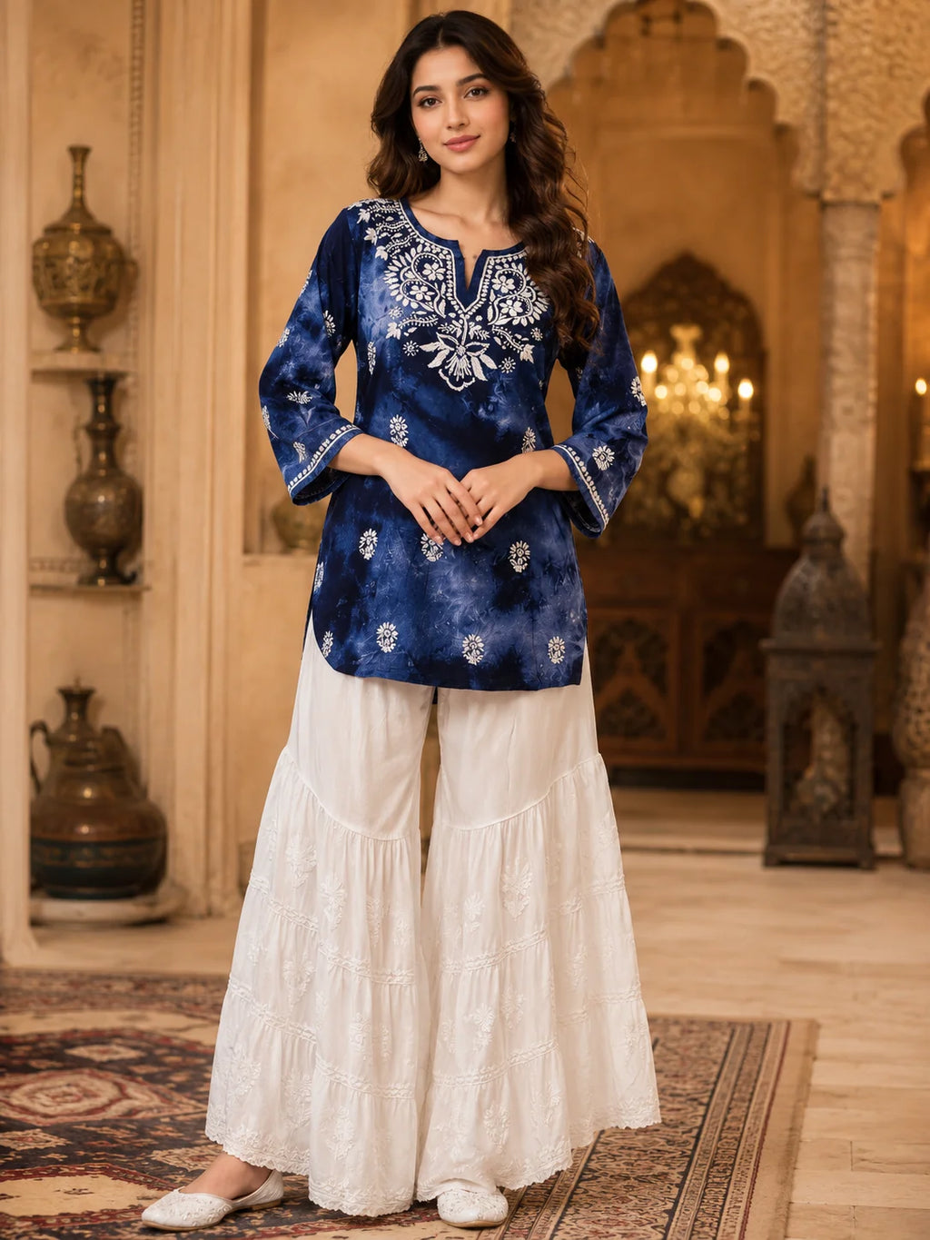Tazaki Blue Modal Handwork Short Top for Women | Premium Embroidered Ethnic Top