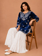 Tazaki Blue Modal Handwork Short Top for Women | Premium Embroidered Ethnic Top