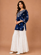 Tazaki Blue Modal Handwork Short Top for Women | Premium Embroidered Ethnic Top