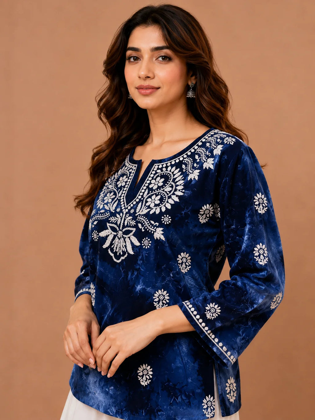Tazaki Blue Modal Handwork Short Top for Women | Premium Embroidered Ethnic Top