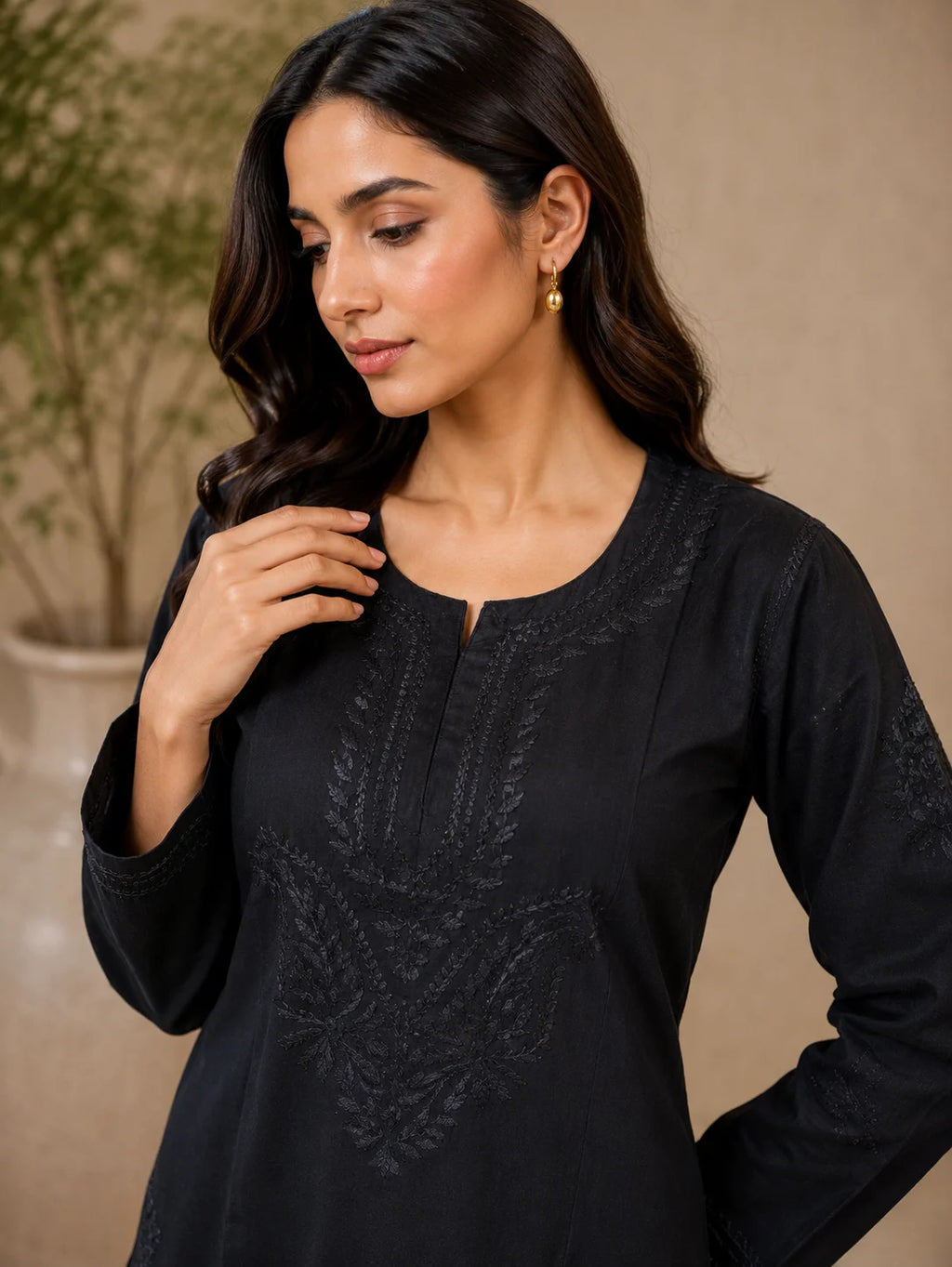 Black Modal Kurti with Tone-on-Tone Thread Handwork | Luxury Women’s Ethnic Wear