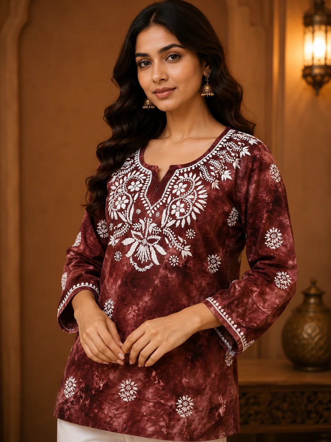 Tazaki Blue Modal Handwork Short Top for Women | Premium Embroidered Ethnic Top