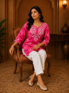 Tazaki Blue Modal Handwork Short Top for Women | Premium Embroidered Ethnic Top