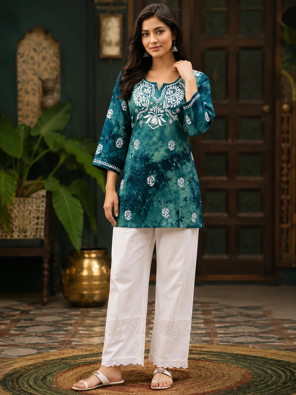Tazaki Blue Modal Handwork Short Top for Women | Premium Embroidered Ethnic Top