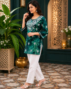 Tazaki Blue Modal Handwork Short Top for Women | Premium Embroidered Ethnic Top