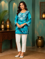 Tazaki Blue Modal Handwork Short Top for Women | Premium Embroidered Ethnic Top