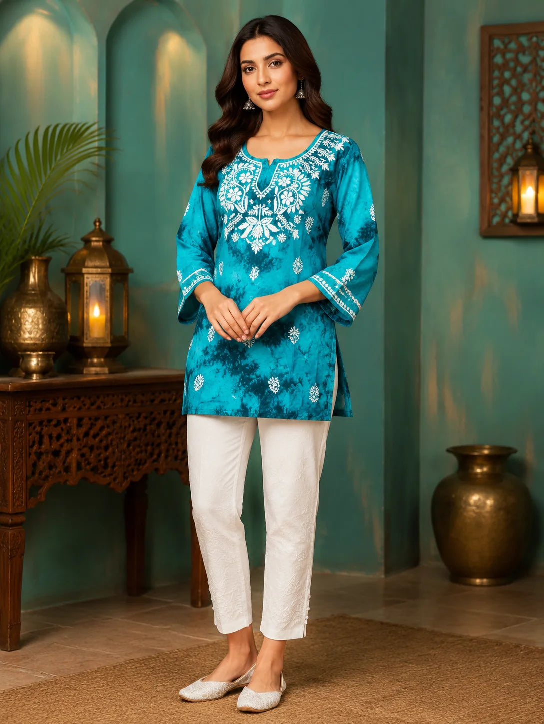 Tazaki Blue Modal Handwork Short Top for Women | Premium Embroidered Ethnic Top