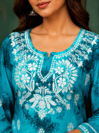 Tazaki Blue Modal Handwork Short Top for Women | Premium Embroidered Ethnic Top