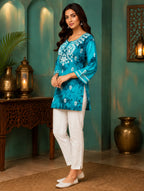 Tazaki Blue Modal Handwork Short Top for Women | Premium Embroidered Ethnic Top