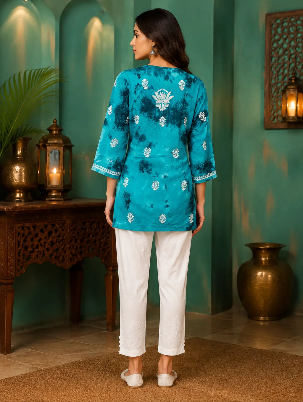 Tazaki Blue Modal Handwork Short Top for Women | Premium Embroidered Ethnic Top