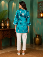 Tazaki Blue Modal Handwork Short Top for Women | Premium Embroidered Ethnic Top