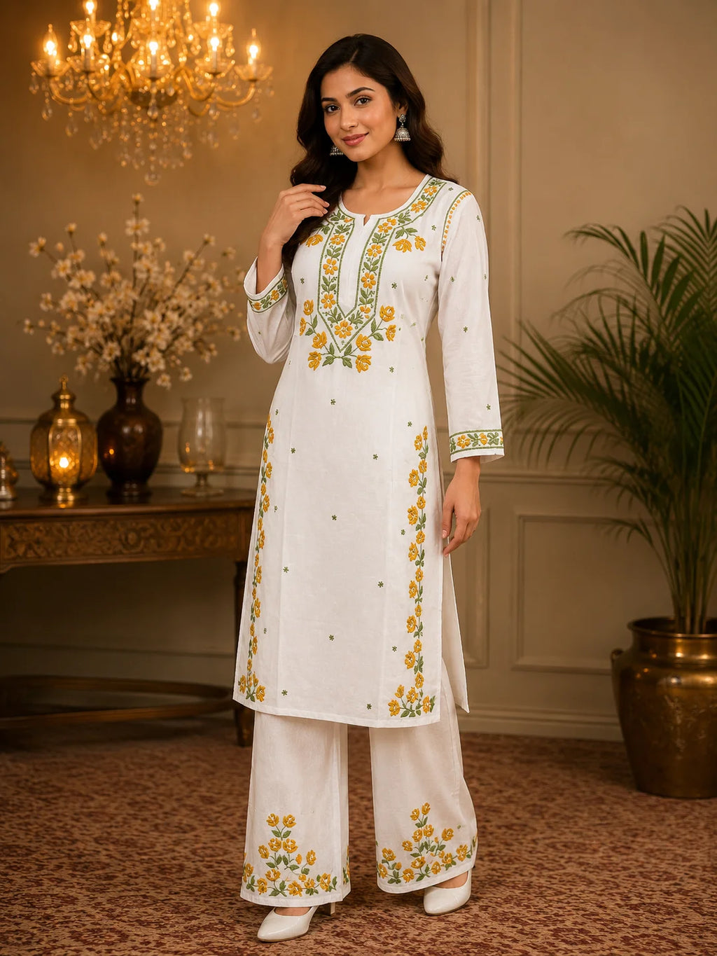 Premium Modal Handwork Kurti Palazzo Set for Women | Designer Multicolor Thread Work Kurti Palazzo Set