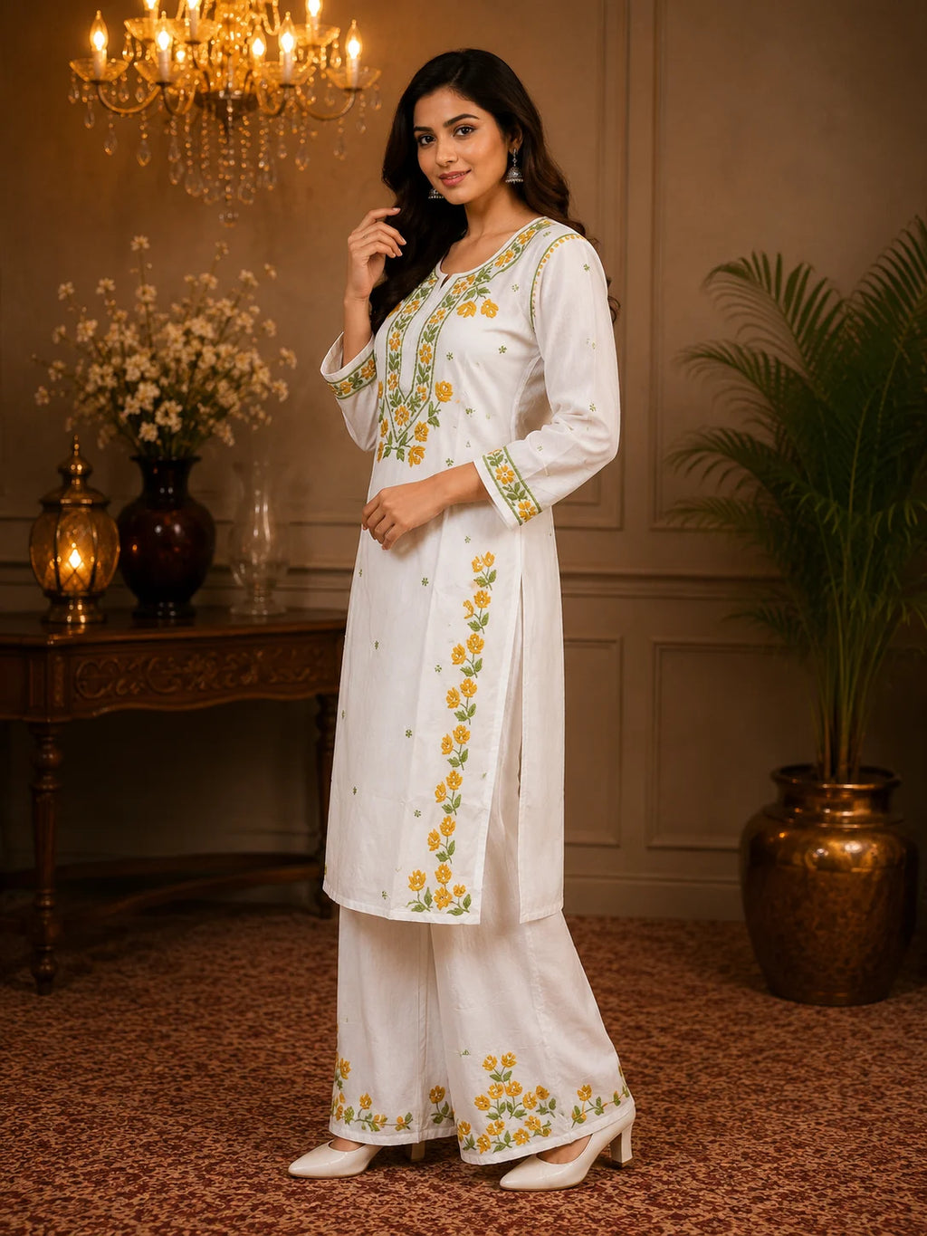 Premium Modal Handwork Kurti Palazzo Set for Women | Designer Multicolor Thread Work Kurti Palazzo Set