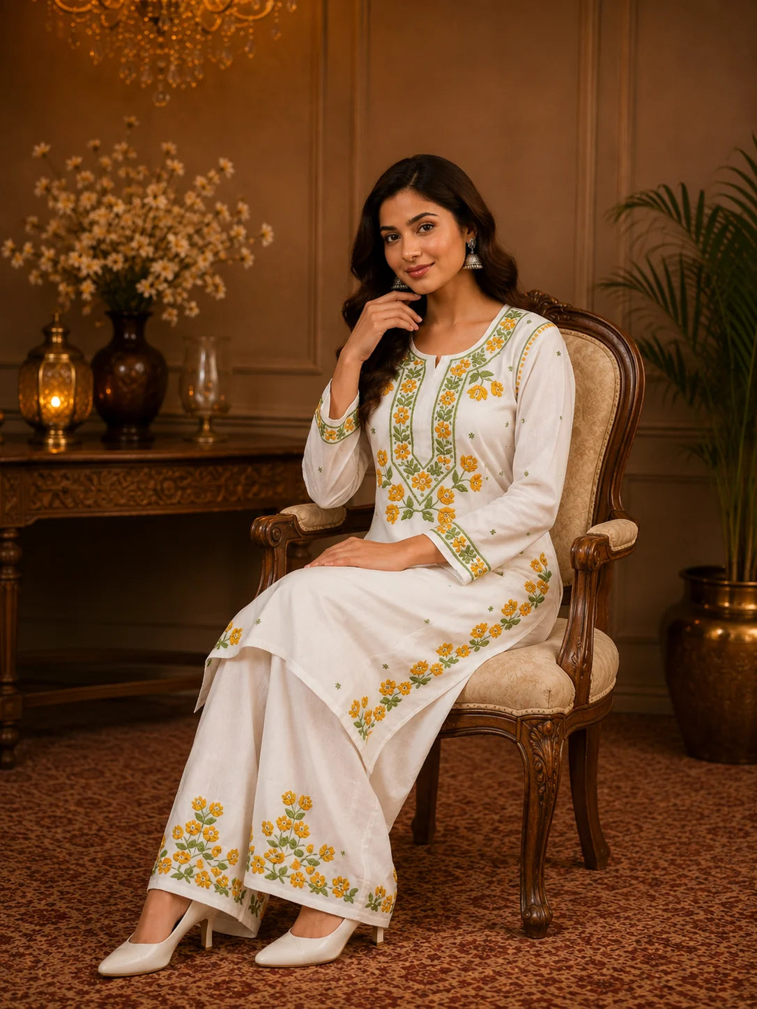 Premium Modal Handwork Kurti Palazzo Set for Women | Designer Multicolor Thread Work Kurti Palazzo Set