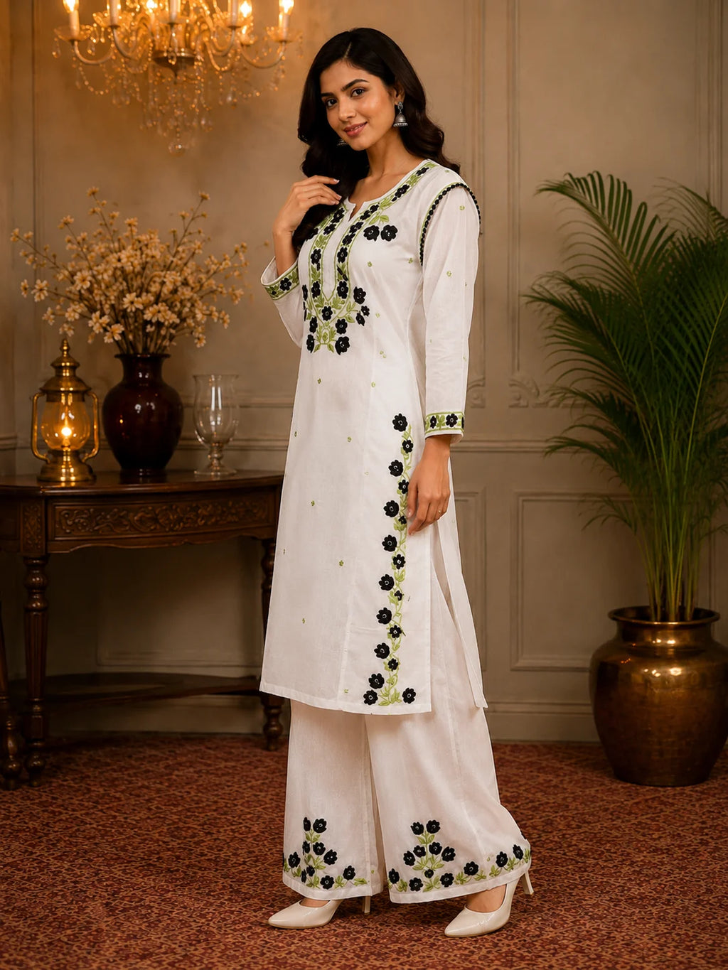 Premium Modal Handwork Kurti Palazzo Set for Women | Designer Multicolor Thread Work Kurti Palazzo Set