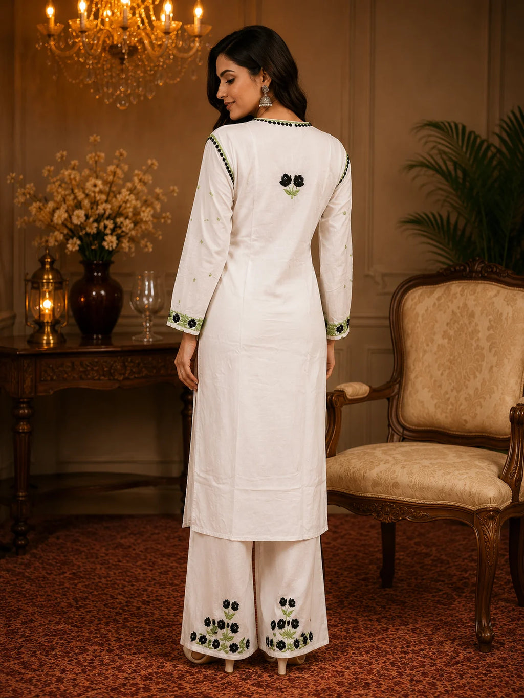 Premium Modal Handwork Kurti Palazzo Set for Women | Designer Multicolor Thread Work Kurti Palazzo Set