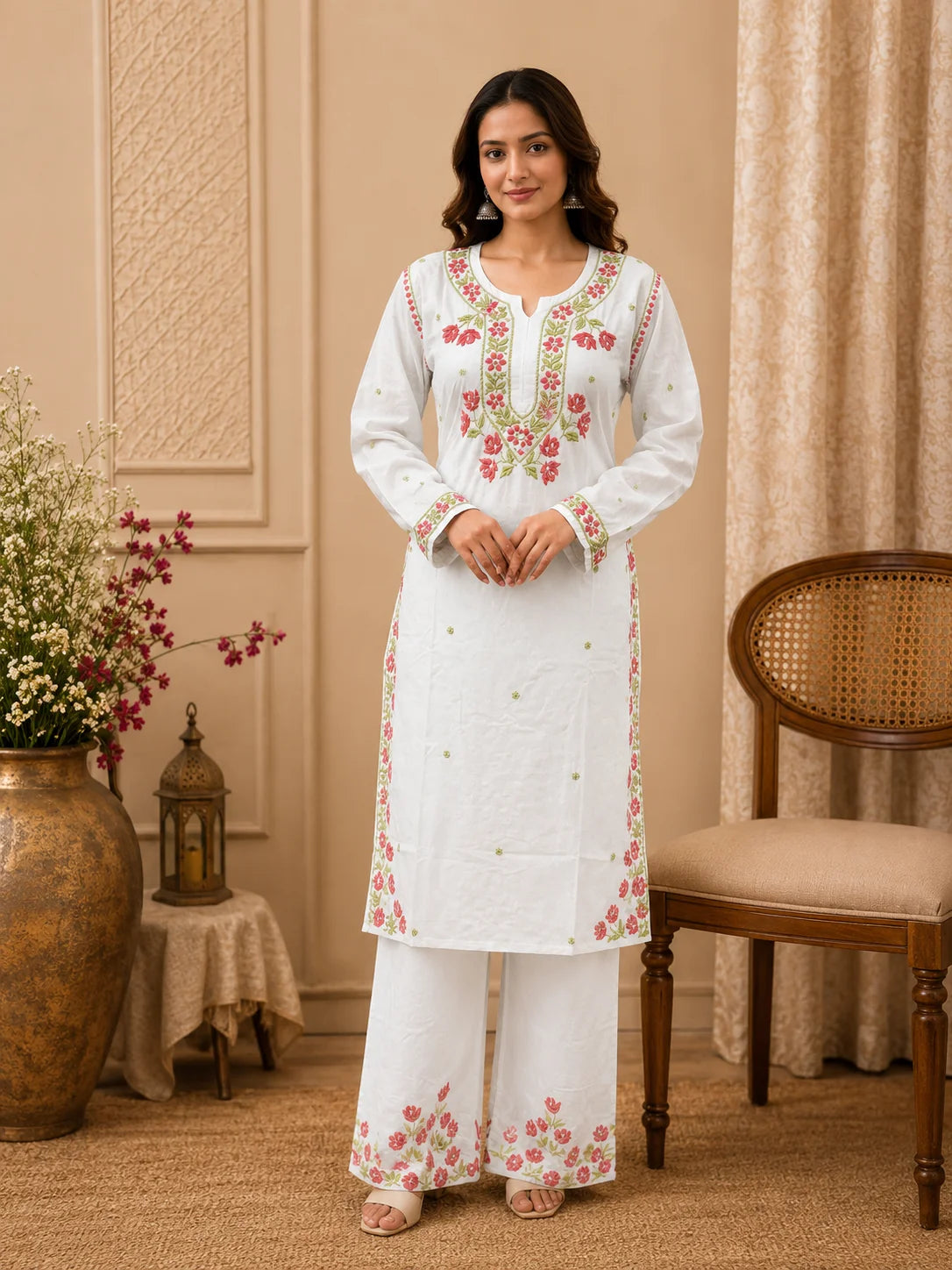 Premium Modal Handwork Kurti Palazzo Set for Women | Designer Multicolor Thread Work Kurti Palazzo Set