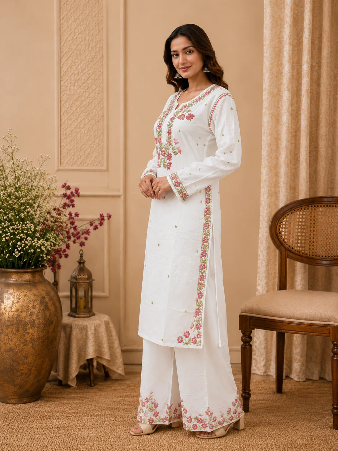 Premium Modal Handwork Kurti Palazzo Set for Women | Designer Multicolor Thread Work Kurti Palazzo Set