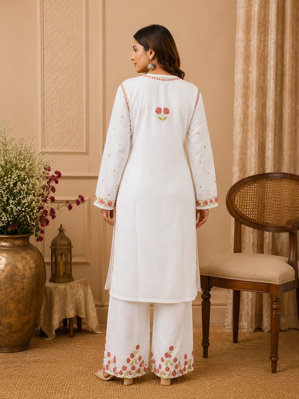 Premium Modal Handwork Kurti Palazzo Set for Women | Designer Multicolor Thread Work Kurti Palazzo Set