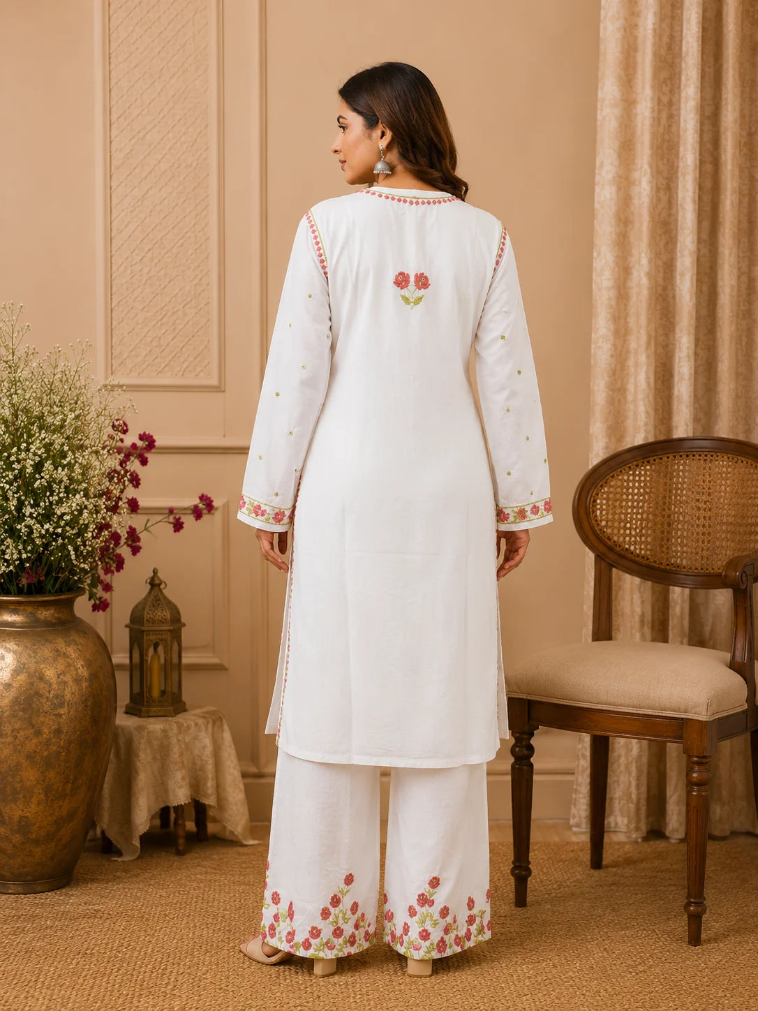 Premium Modal Handwork Kurti Palazzo Set for Women | Designer Multicolor Thread Work Kurti Palazzo Set