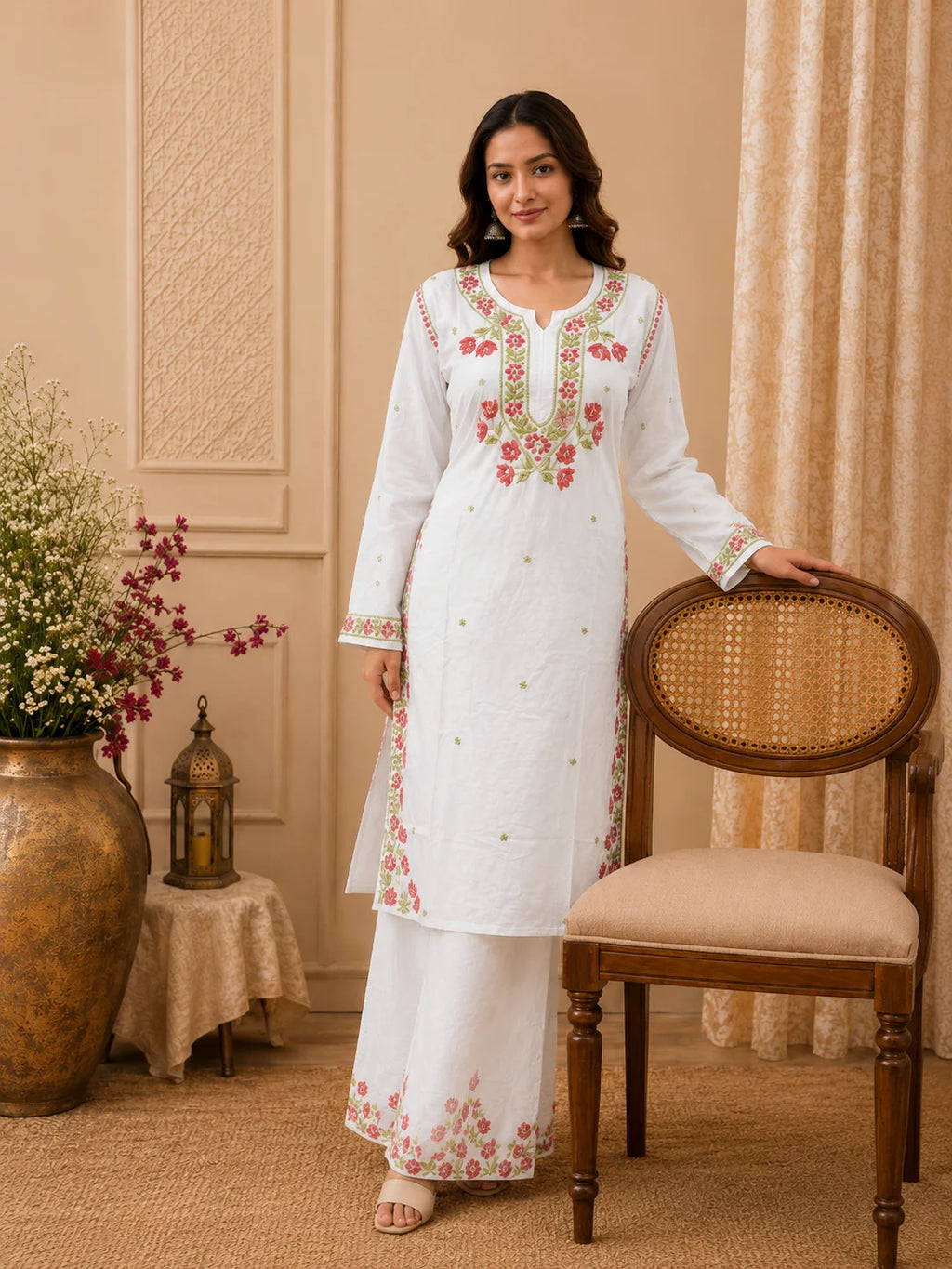 Premium Modal Handwork Kurti Palazzo Set for Women | Designer Multicolor Thread Work Kurti Palazzo Set