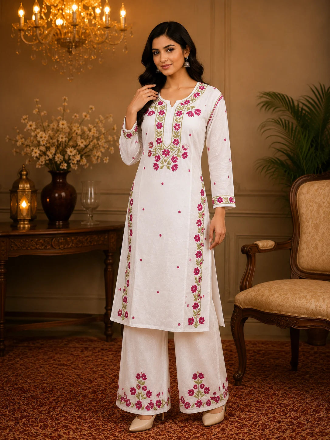 Premium Modal Handwork Kurti Palazzo Set for Women | Designer Multicolor Thread Work Kurti Palazzo Set