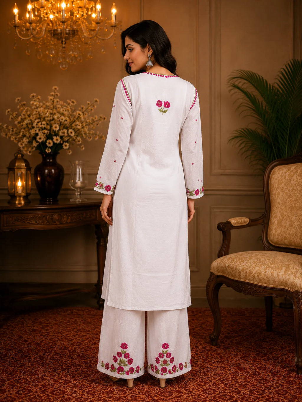 Premium Modal Handwork Kurti Palazzo Set for Women | Designer Multicolor Thread Work Kurti Palazzo Set