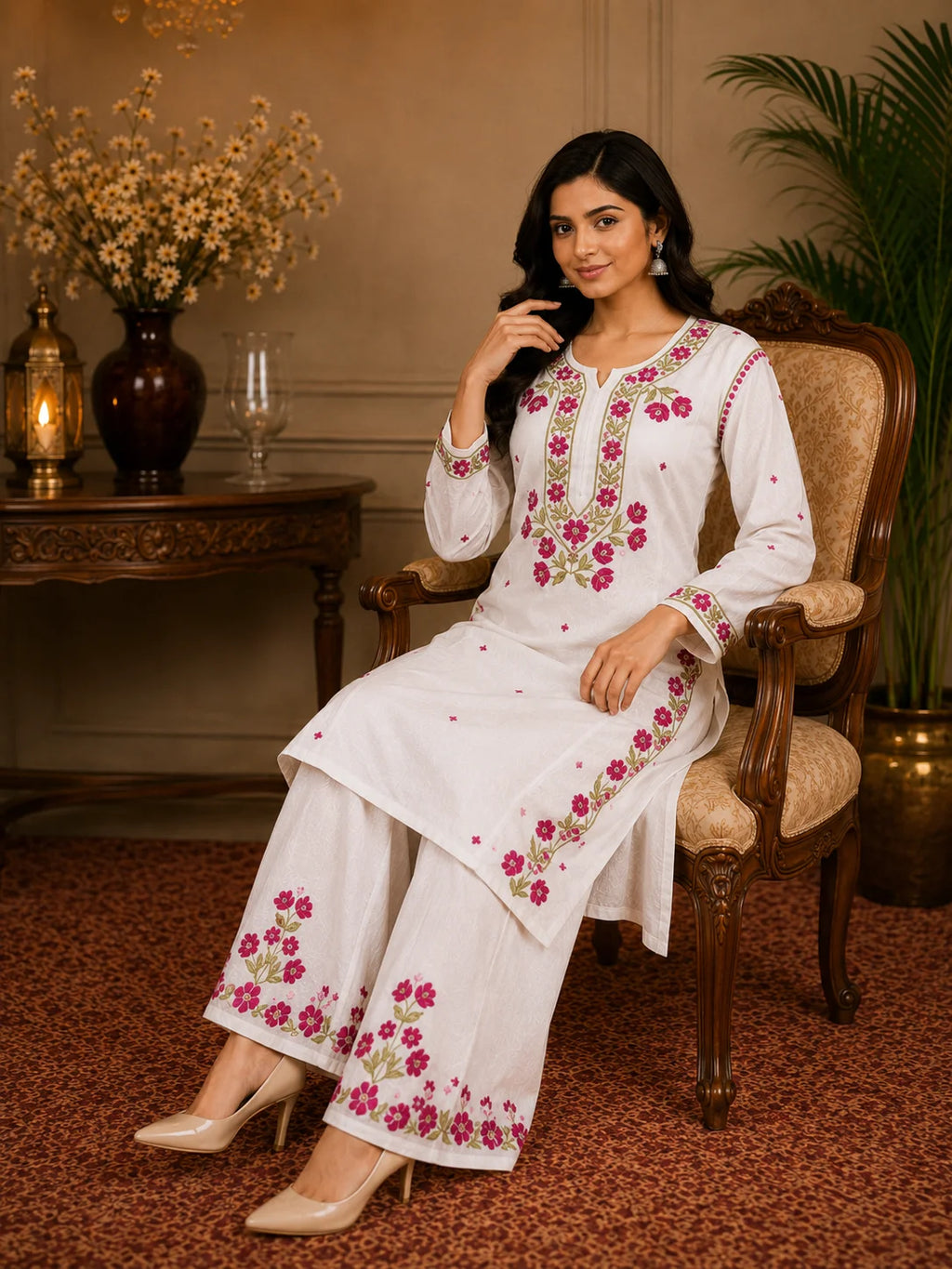 Premium Modal Handwork Kurti Palazzo Set for Women | Designer Multicolor Thread Work Kurti Palazzo Set