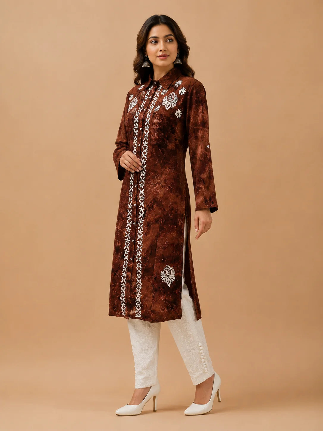 Premium Modal Handwork Front Open Kurti for Women | Designer Embroidered Long Kurti