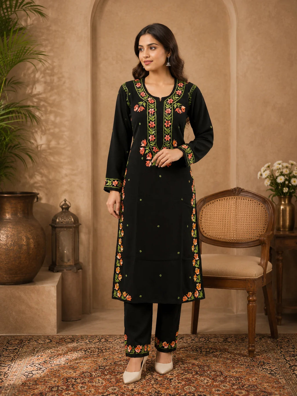Premium Modal Handwork Kurti Palazzo Set for Women | Designer Multicolor Thread Work Kurti Palazzo Set